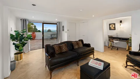 a living room with furniture a fireplace and a potted plant