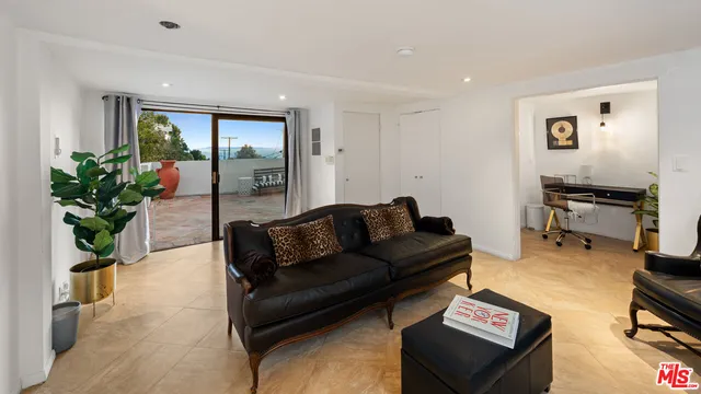 a living room with furniture a fireplace and a potted plant