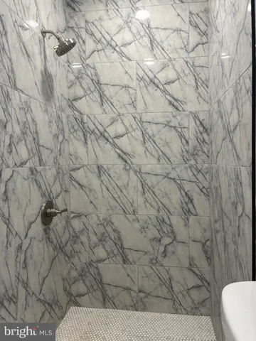 a bathroom with a white toilet and a shower