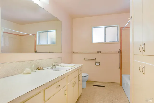 a bathroom with a sink a toilet and vanity