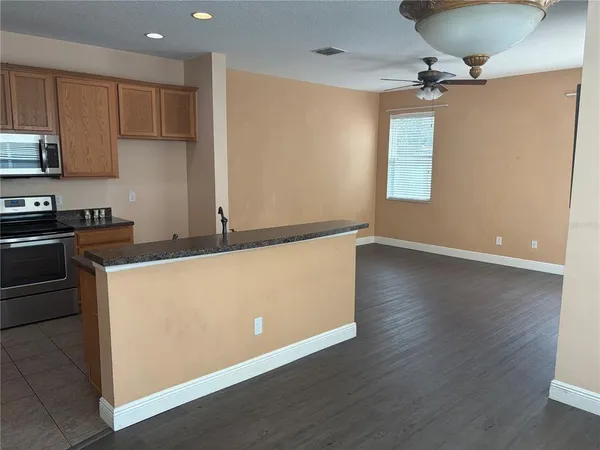 a view of a park with large trees