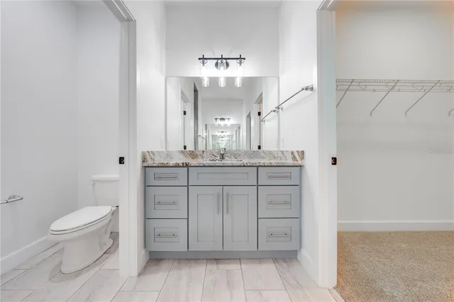 a bathroom with a sink a toilet and a large mirror