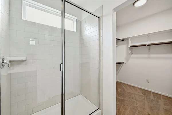 a bathroom with a double vanity sink a mirror and a shower