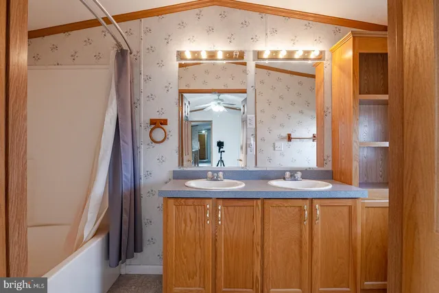 a bathroom with a sink a mirror and a shower