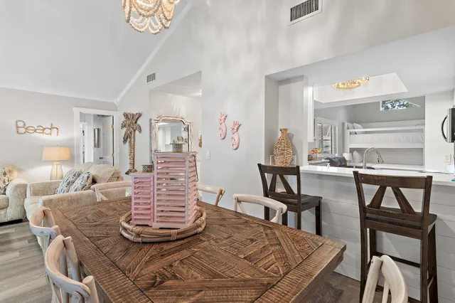 a view of a dining room with furniture
