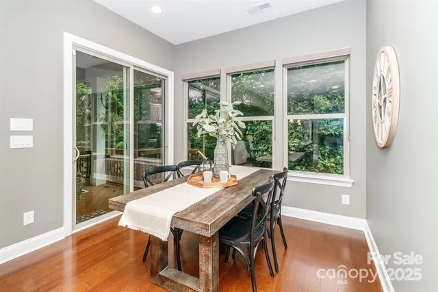 a view of a dining room with furniture window and outside view