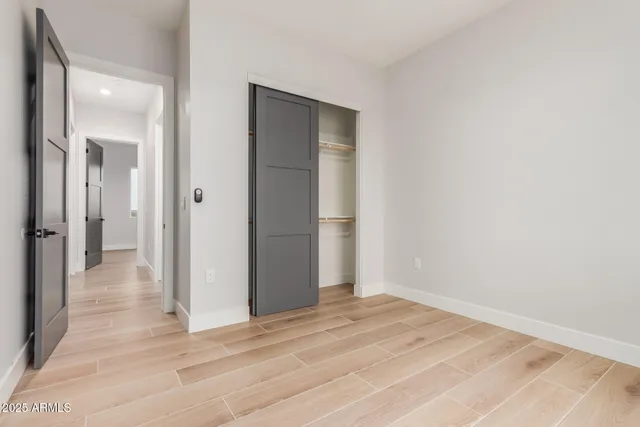 a view of a room with wooden floor and closet