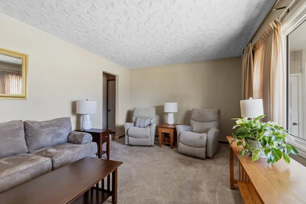 a living room with furniture and a potted plant