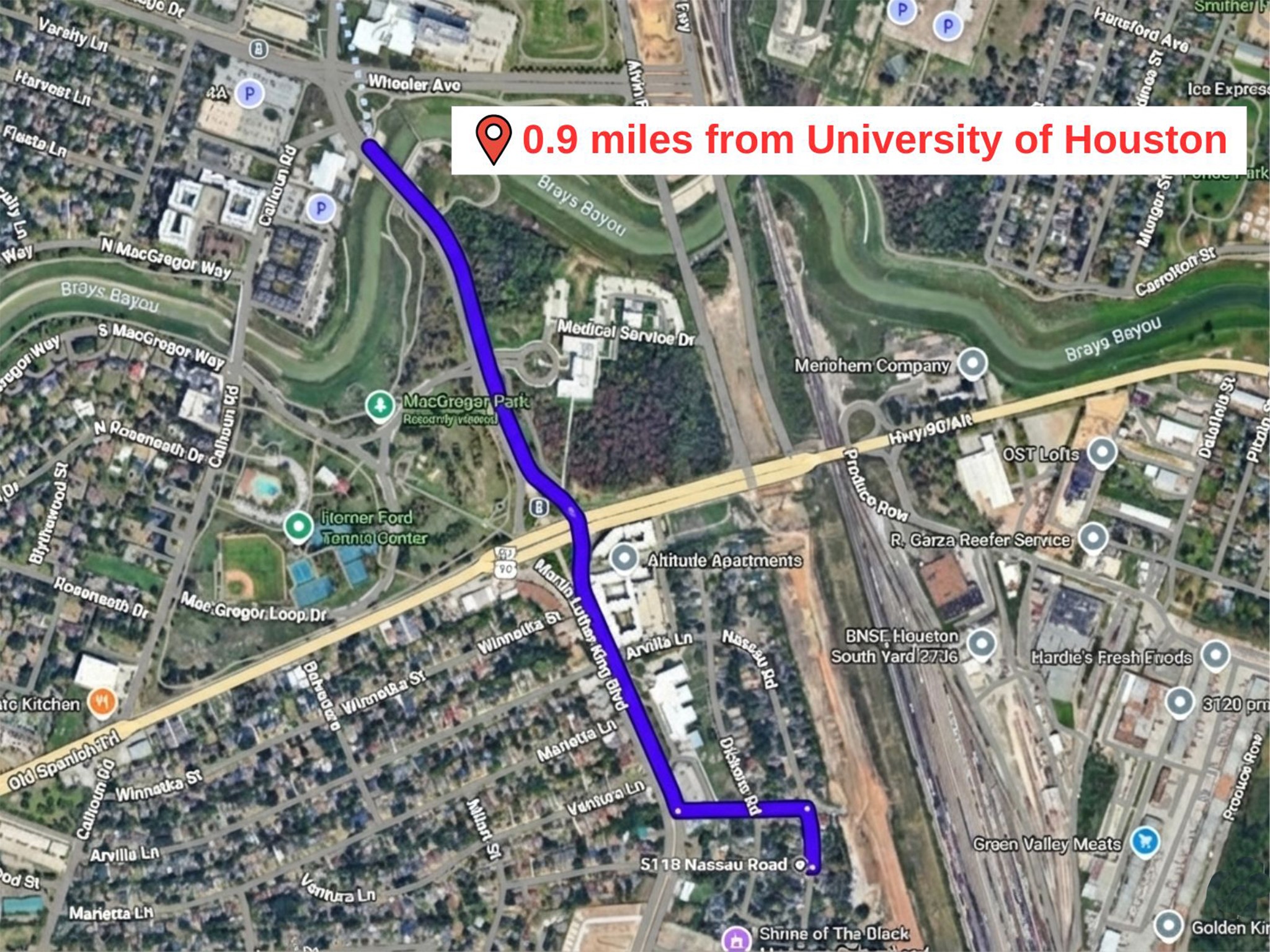 5118 Nassau Road Houston, TX 77021 - Photo 9 of 12 Map showing the direct 0.9-mile route to the University of Houston.