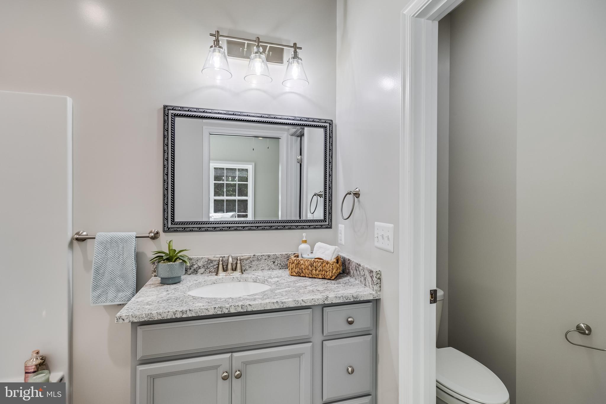 21183 Abell Road Avenue, MD 20609 - Photo 33 of 36 a bathroom with a granite countertop sink a toilet and a mirror