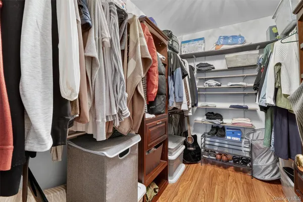 a view of walk in closet with clothes and shoes