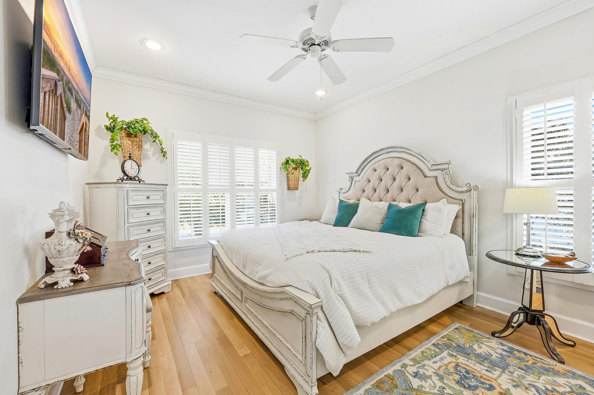 46 High Hammock Way Pawleys Island, SC 29585 - Photo 11 of 40 Bedroom with ornamental molding, light wood finished floors, recessed lighting, and ceiling fan