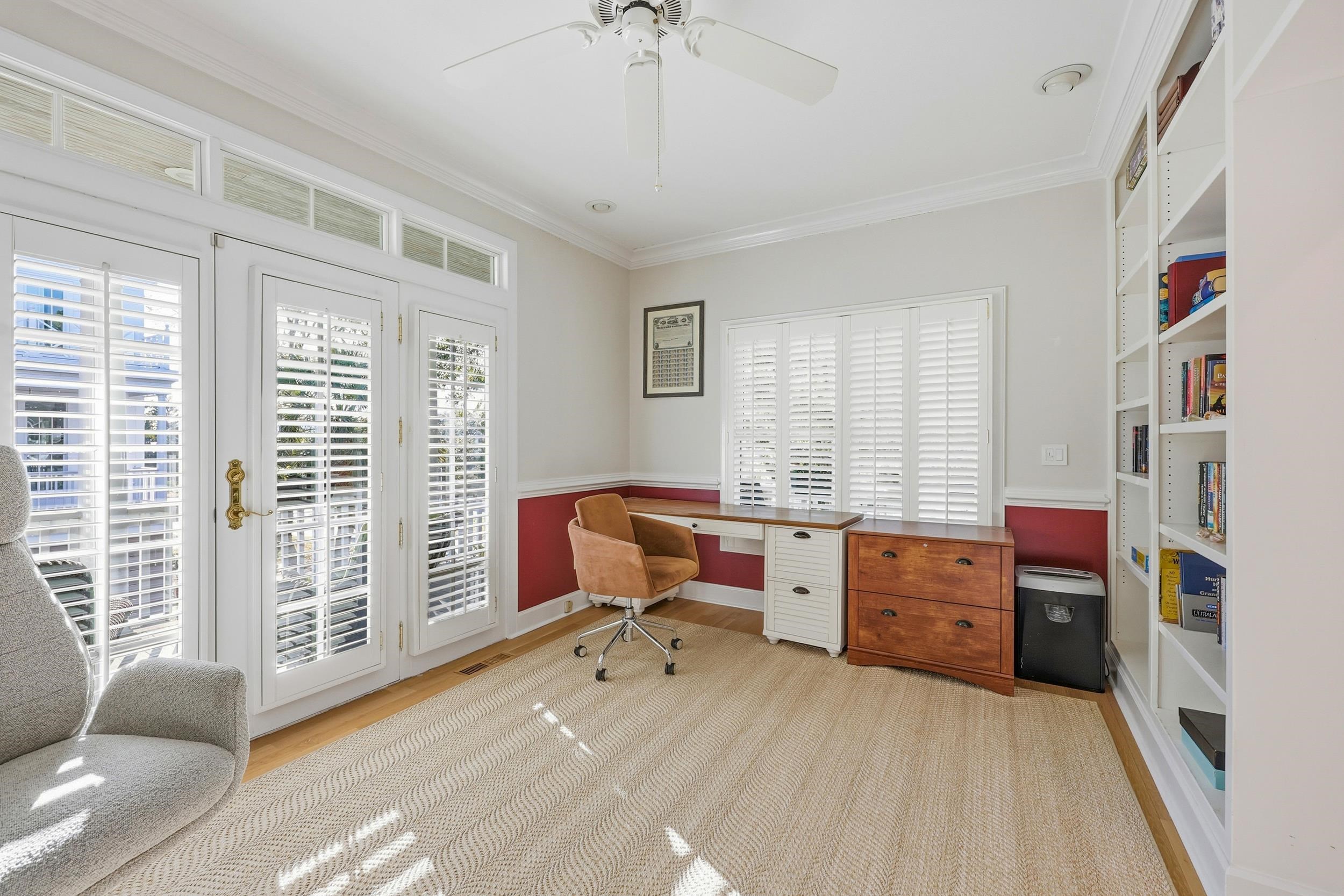 46 High Hammock Way Pawleys Island, SC 29585 - Photo 27 of 40 Office area with ornamental molding, light wood-style floors, plenty of natural light, and ceiling fan