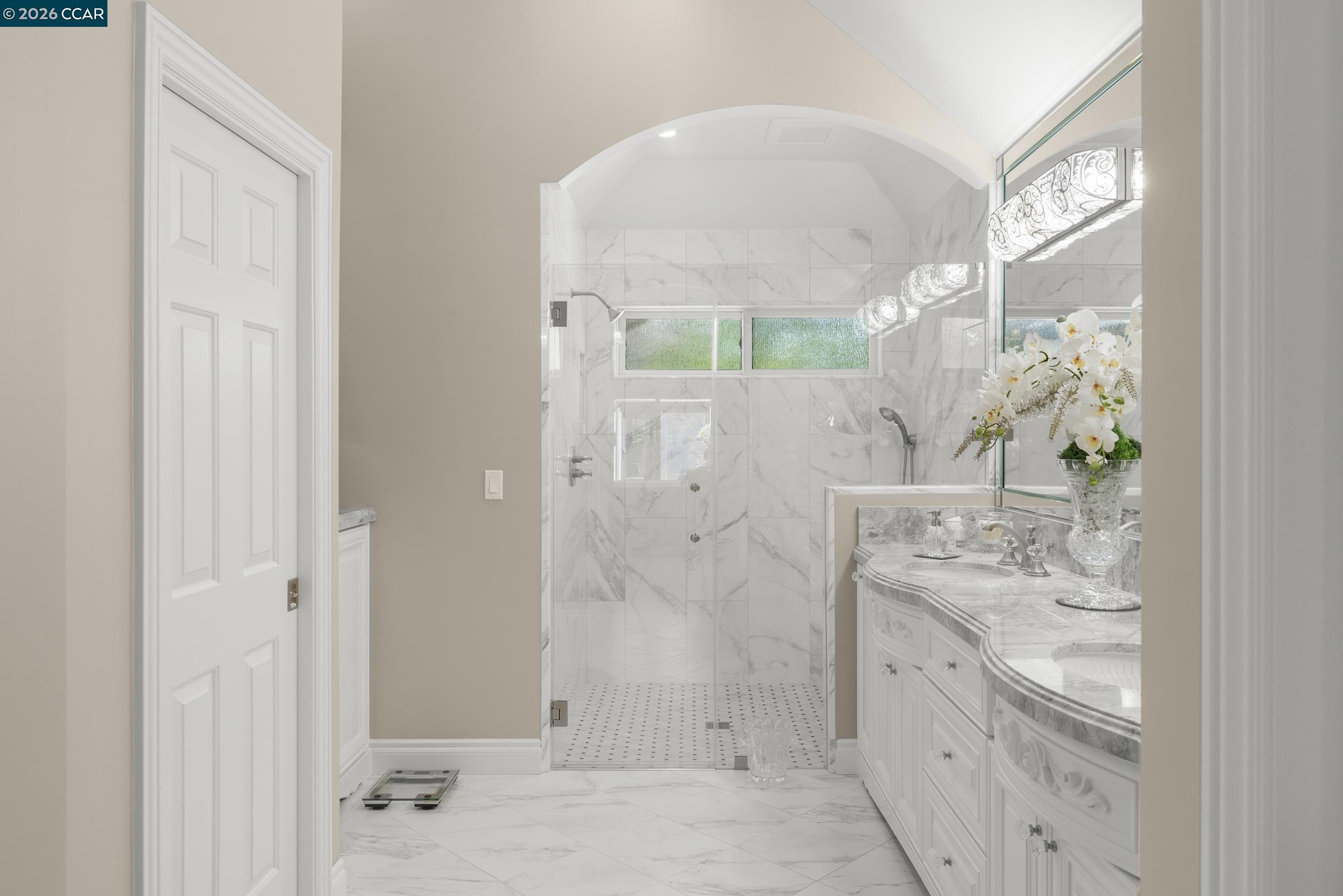 114 Golden Ridge Road Alamo, CA 94507 - Photo 24 of 60 a bathroom with a granite countertop sink a mirror and shower