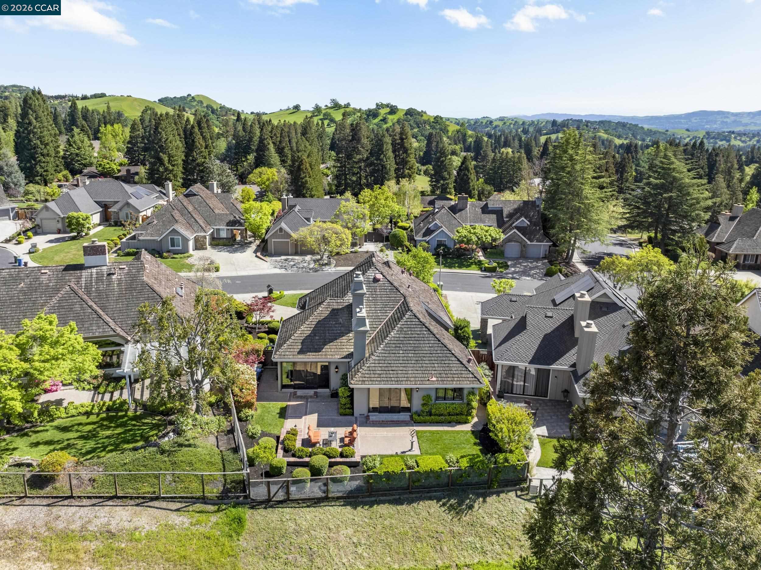 114 Golden Ridge Road Alamo, CA 94507 - Photo 46 of 60 a aerial view of a house with a garden and lake view