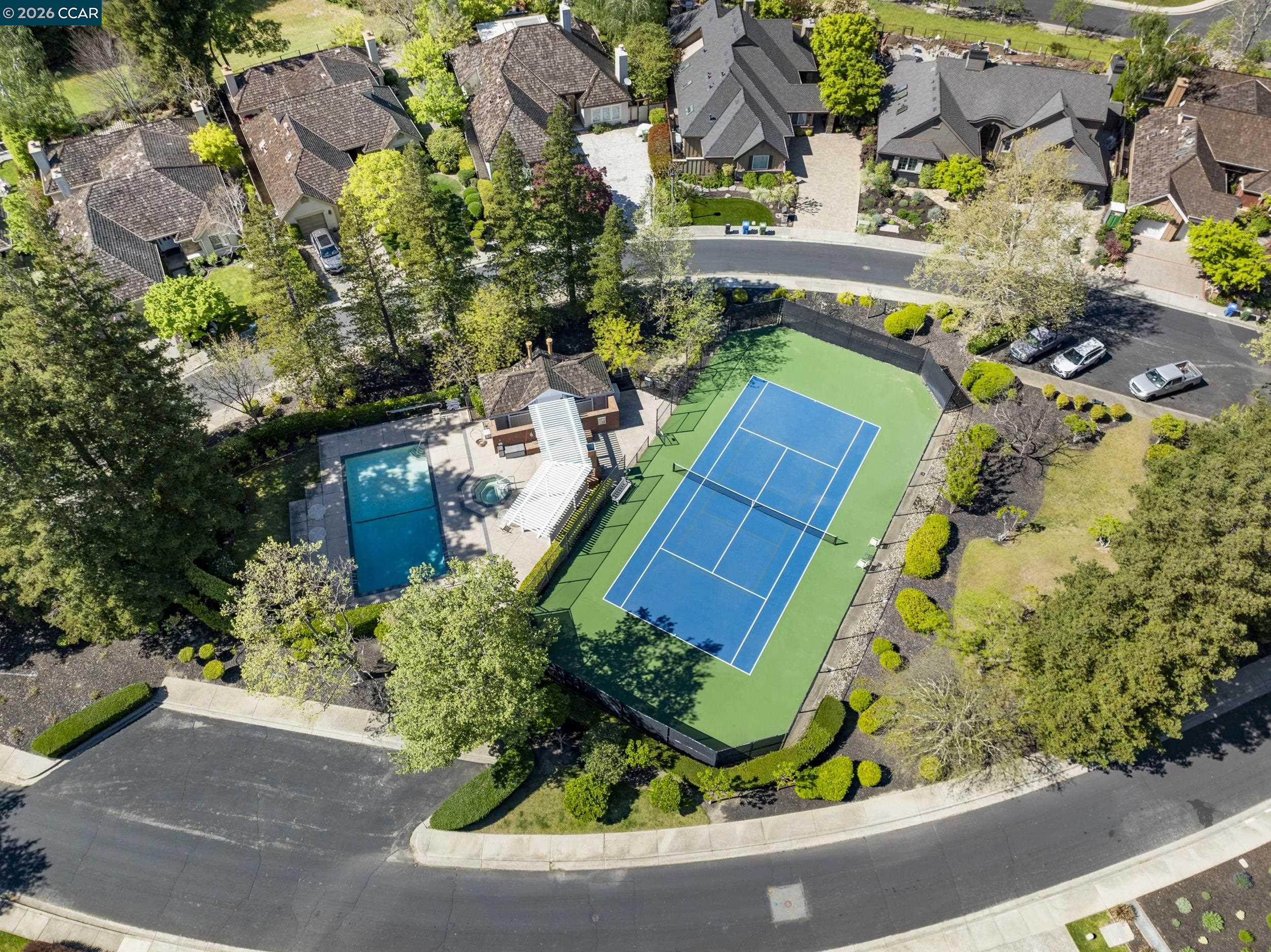 114 Golden Ridge Road Alamo, CA 94507 - Photo 49 of 60 an aerial view of a house with a garden and swimming pool