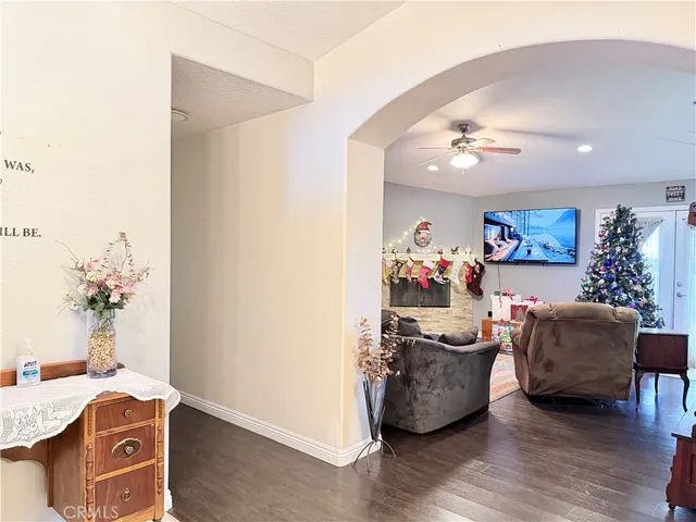 a living room with dining table