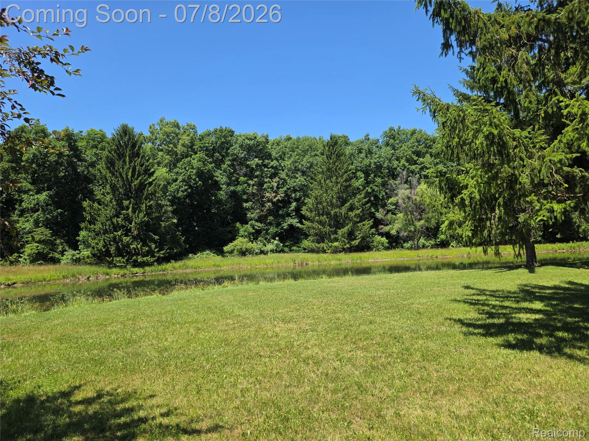 3581 North Burkhart Road Howell, MI 48855 - Photo 10 of 15 Expansive lawn with a pond and mature trees, bordered by dense natural foliage