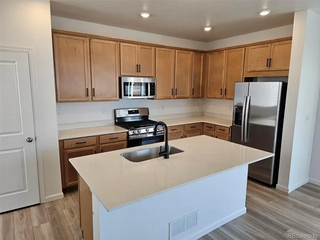 a kitchen with a refrigerator a stove a sink and cabinets