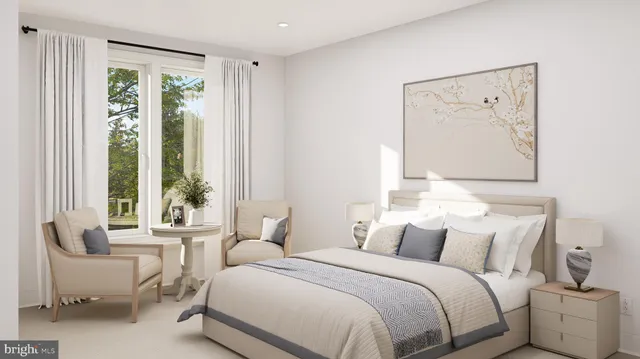 a bedroom with a large bed and a painting on the wall