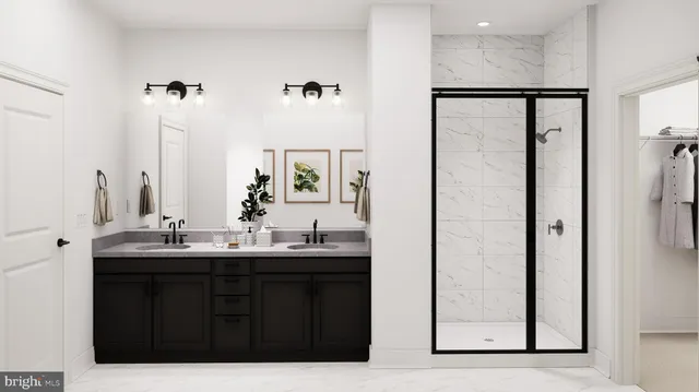 a bathroom with a double vanity sink a and a mirror