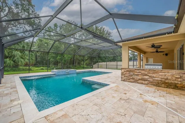a view of a backyard with a swimming pool