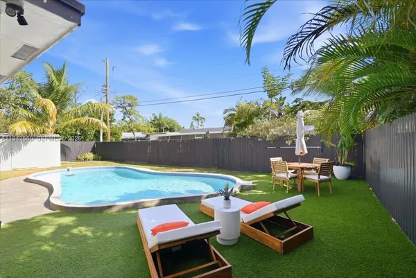 a view of a swimming pool with a yard