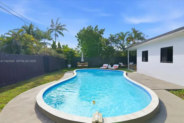 a view of a house with swimming pool and a yard