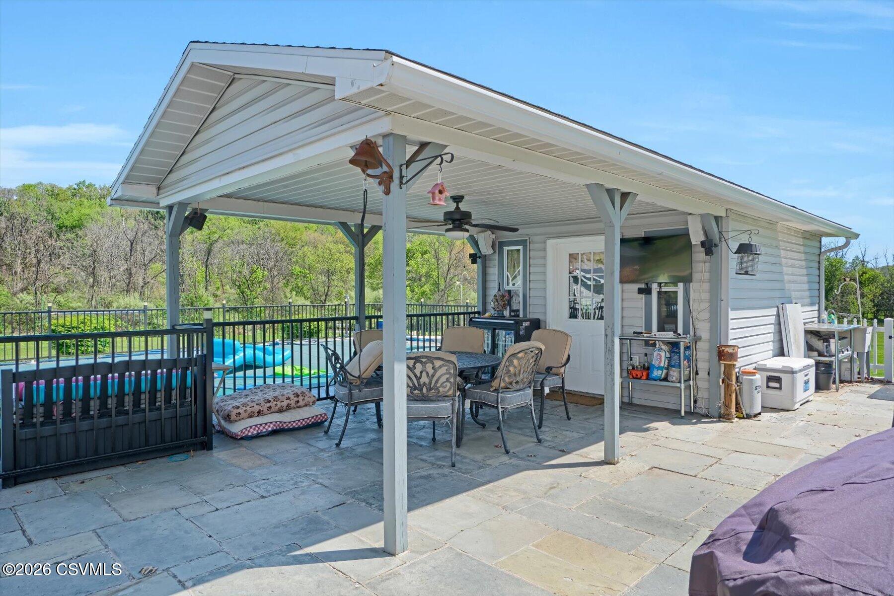 139 Eisley Road Milton, PA 17847 - Photo 34 of 56 patio area, pool house, inground pool, fenced in