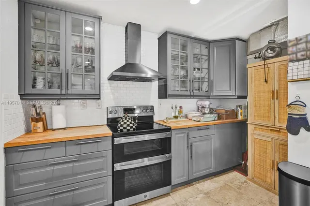 a kitchen with stainless steel appliances a stove and cabinets
