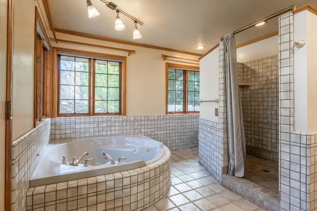 a bathroom with a bathtub and shower