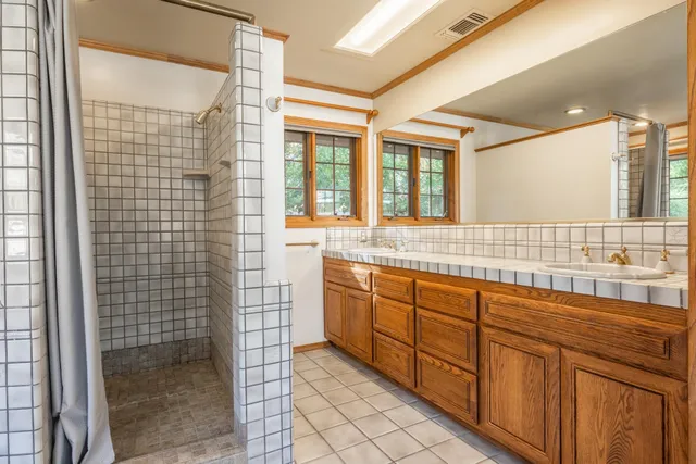 a bathroom with a sink a mirror and shower