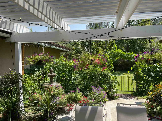a front view of a house with a yard and potted plants