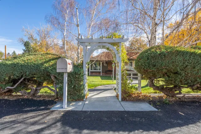 a view of a pathway of a house with large trees