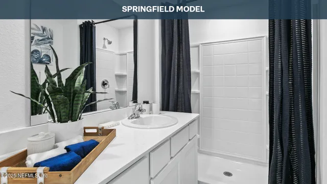 a bathroom with a sink a mirror and a shower