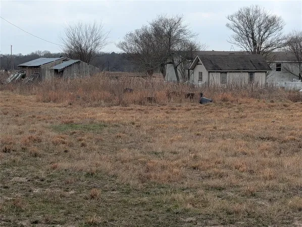 a view of a field with trees in the background