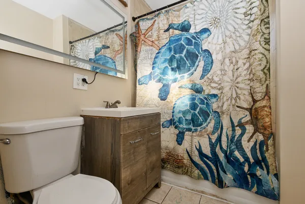 a bathroom with a sink a toilet and curtain