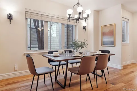 a view of a dining room with furniture wooden floor and chandelier