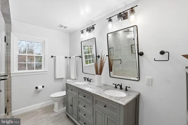 a bathroom with a double vanity sink mirror and toilet