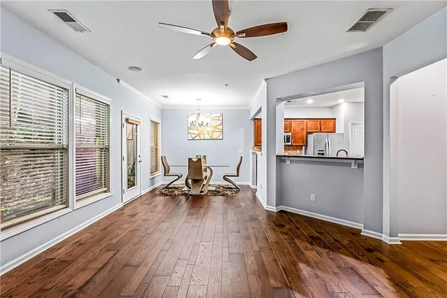 a workspace with chandelier