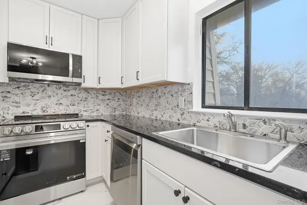 a kitchen with stainless steel appliances granite countertop a sink and a microwave