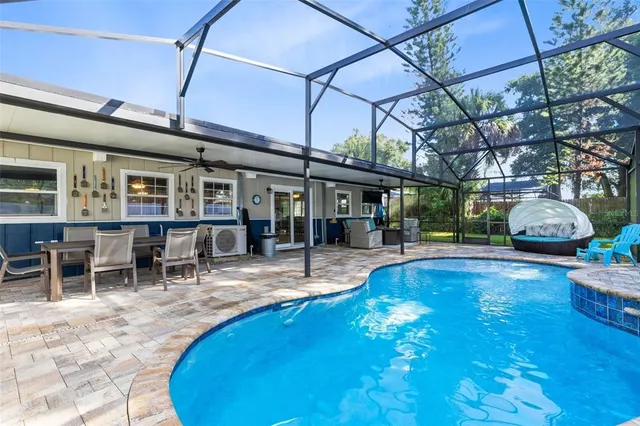 a view of a swimming pool with a patio