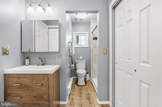 a bathroom with a sink a toilet and a mirror