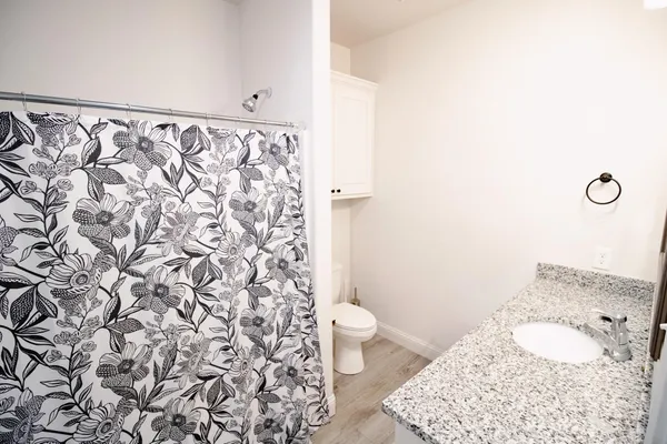 a bathroom with a granite countertop sink and a toilet
