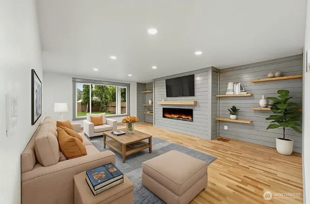 a living room with furniture a fireplace and a potted plant