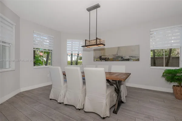 a view of a dining room with furniture window and wooden floor