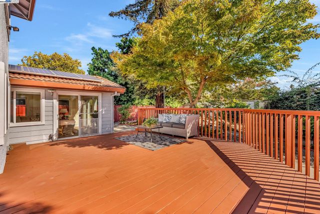 a garden view with a seating space