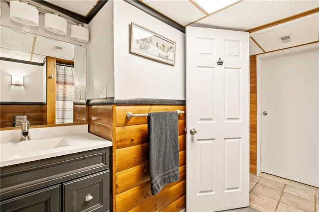 a city view with tall brick walls