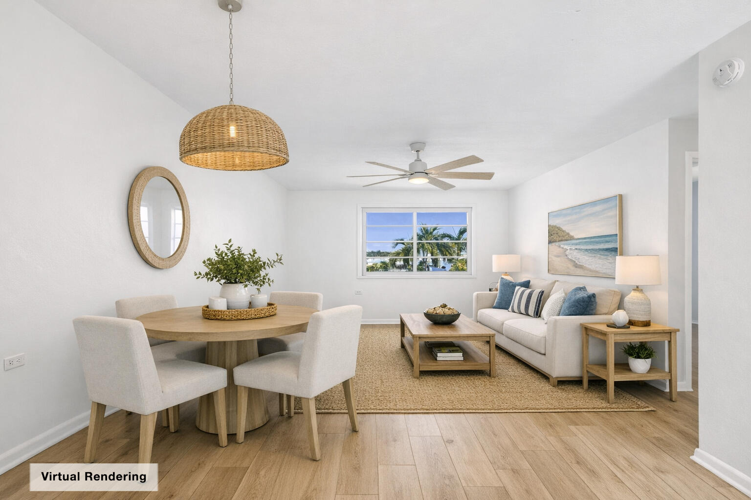 5301 Ocean Terrace, Unit 6 Marathon, FL 33050 - Photo 15 of 38 a view of a dining room with furniture a chandelier and wooden floor