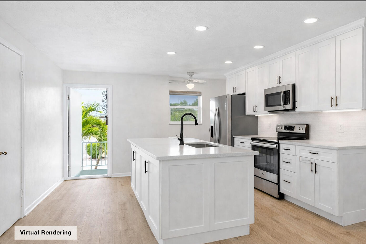 5301 Ocean Terrace, Unit 6 Marathon, FL 33050 - Photo 19 of 38 a kitchen with stainless steel appliances kitchen island granite countertop a stove a sink and a microwave